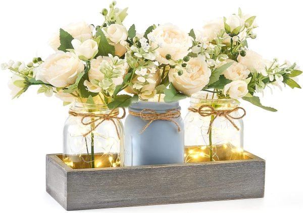 Decor Jar Lights Centerpiece Table Decorations for Dining Room Farmhouse Coffee Table Decor Tray with 3 Jars Flowers Christmas Centerpieces Decor for Kitchen Living Dining Room, Orange