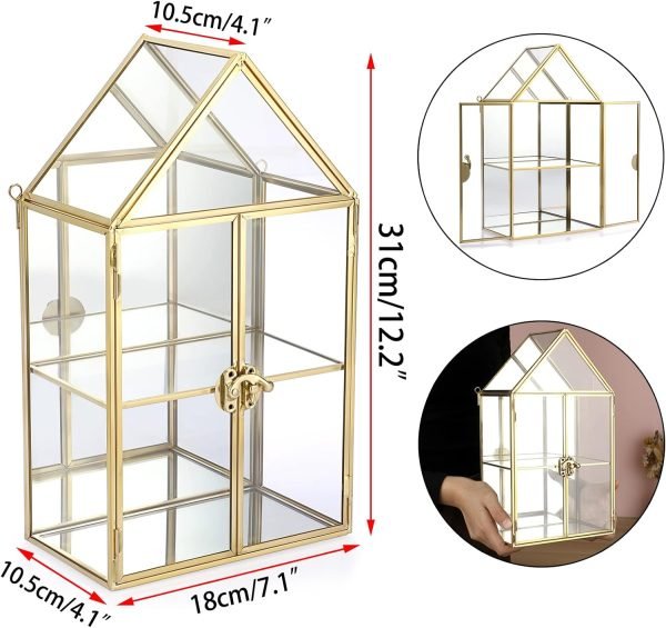 Decor 2 Tier Clear Glass Storage Box, Gold Mirrored Jewelry Makeup Display Organizer Case, Decorative Tower box Storage for Trinket Perfume Lipstick Figure Statue Toy Display, House Shape