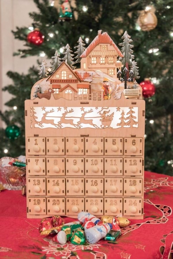 Decor Wooden Christmas Advent Calendar, Countdown to Christmas, LED Holiday Decoration, Battery Operated, Reindeer Village