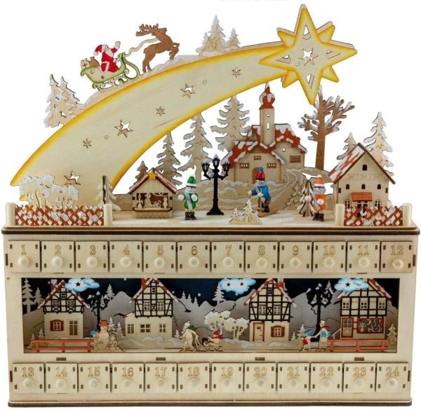 Decor Wooden Christmas Advent Calendar, Countdown to Christmas, LED Holiday Decoration, Battery Operated, Reindeer Village