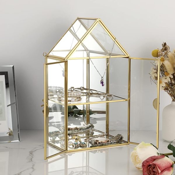 Decor 2 Tier Clear Glass Storage Box, Gold Mirrored Jewelry Makeup Display Organizer Case, Decorative Tower box Storage for Trinket Perfume Lipstick Figure Statue Toy Display, House Shape