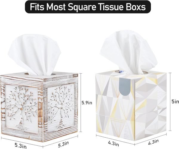 Decor Wood Carved Tissue Box Cover Square Tissue Holder Whitewashed Tree of Life Design Rustic Vintage Home Decor for Bathrooom Bedroom Living Room