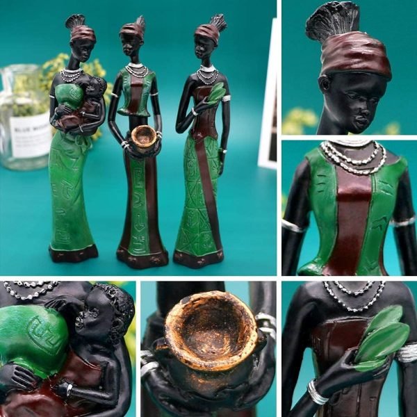 Decor 3 Pack African Women Sculpture,7.5" Women Figurines Exotic Tribal Lady Figurine Black Women Statue Home Office Decor Vintage Collectible Art Crafts Desktop Ornaments Decorations Gift (Green)