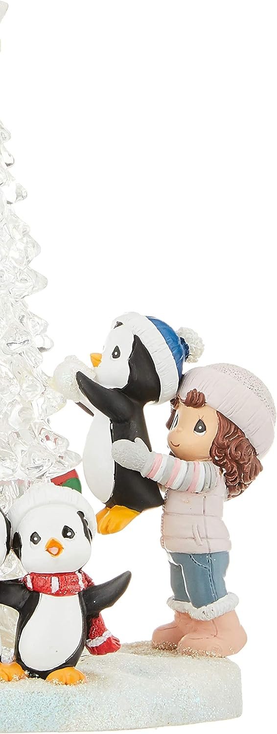 Decor Precious Moments Light Up Figurine | Tree-mendous Fun Girl with Penguins | LED Lighted Resin/Acrylic Tabletop Christmas Tree Figurine | Holiday Decor & Gift | Hand-Painted