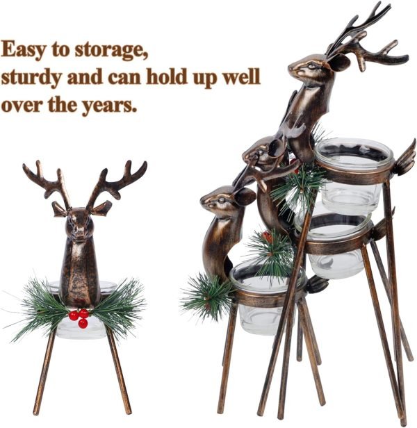 Decor Set of 3 Reindeer Tealight Candle Holders, Standing Iron Metal Christmas Decorations, Glass Votive Candle Holder, Durable and Rust-Proof Holiday Tabletop Centerpiece and Display