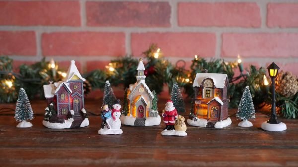 Decor Miniature LED Lighted 10-Piece Christmas Village Scene with Santa - Small Decorative Mini Light Up Tabletop Mantel Shelf Xmas Winter Decorations Home Decor