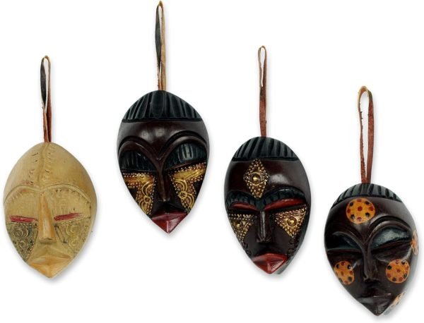 Decor Decorative Christmas Wood Hanging Holiday Ornaments, Assorted 'Celebration Masks' (Set of 4)