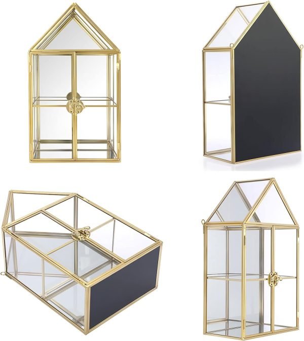 Decor 2 Tier Clear Glass Storage Box, Gold Mirrored Jewelry Makeup Display Organizer Case, Decorative Tower box Storage for Trinket Perfume Lipstick Figure Statue Toy Display, House Shape