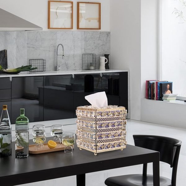 71cfisMNByL._AC_SL1500 Decor Crystal Square Tissue Box Cover - Sparkling Cube Glass Tissue Box Holder, Decorative Facial Tissue Holder for Bedroom Bathroom Dresser Night Stand Table Office Home Decor, Gold