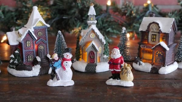 Decor Miniature LED Lighted 10-Piece Christmas Village Scene with Santa - Small Decorative Mini Light Up Tabletop Mantel Shelf Xmas Winter Decorations Home Decor