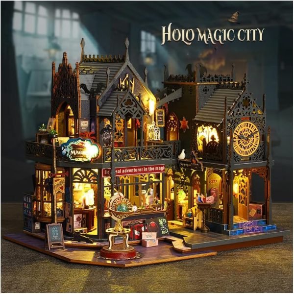 Decor DIY Miniature Dollhouse Kit Magic Castle,Tiny House to Build Live in,Mini Handmade Unzip 3D Wooden Puzzle Furnishing Decor Model(ES012-Holo Magic City)