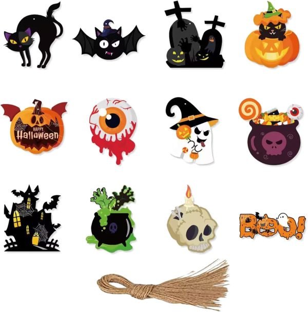 71hrlX1eJTL._AC_SL1500 Decor Halloween Ornaments for Tree Decorations - Scary Pumpkin Skull Ghost Halloween Hanging Ornaments Paper Card, Halloween Tree Ornaments with Ropes for Trick or Treat Party Decor - Pack of 12