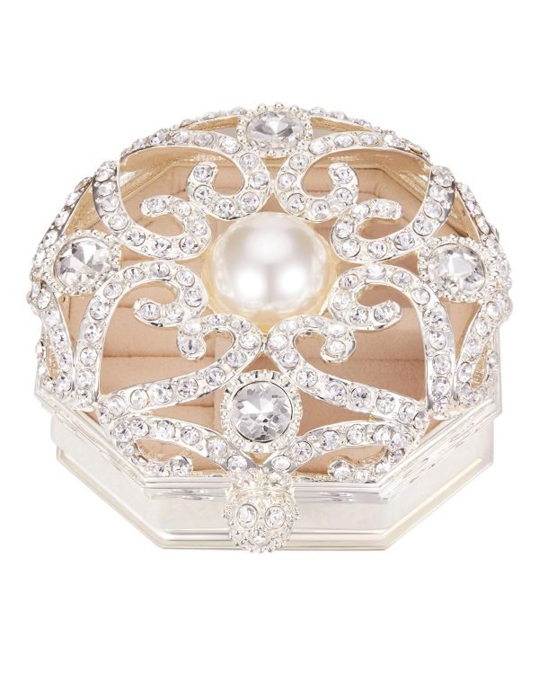 Decor Vintage Jewelry Box for Women 1950s, Trinket Boxes Crystal Small Jewelry Box for Girls, Ring &Earring Holder Organizer, Antique Jewelry Case, White Jewelry Box with Pearl and Rhinestone