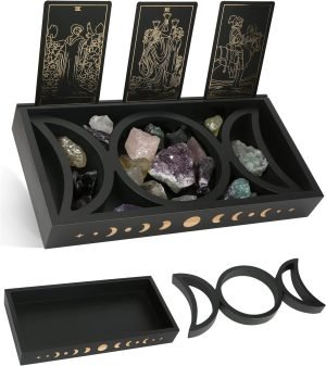 Decor Crystal Display Moon Tray Tarot Card Holder Stand, Wiccan Decor & Witchy Accessories & Pagan Altar Supplies, Black Wooden Storage Organizer Box for Rocks Healing Stones Jewelry Home Decorative