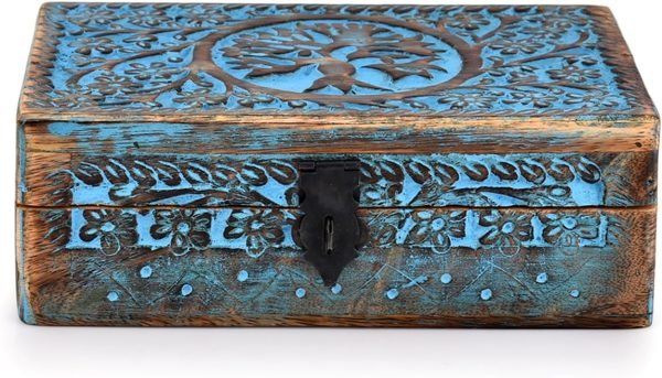 71k7agihFoL._AC_SL1500 Decor Wooden Jewelry Box, Tarot Box, Celestial Home Decor, Witch Box, Tree of Life, Trinket Box |Size- 8" x 5" x 2.5",| Decorative Storage Bin