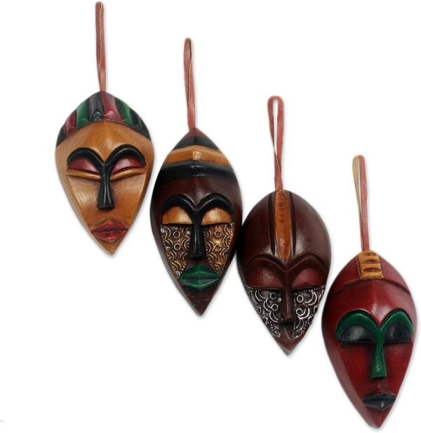 Decor Decorative Christmas Wood Hanging Holiday Ornaments, Assorted 'Celebration Masks' (Set of 4)
