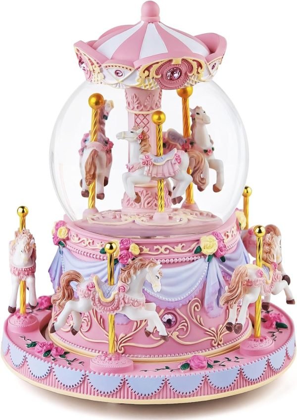 Decor Carousel Music Box Horse Gift, Remote Control Plug in Musical Snow Globe for Girls Women Daughter Wife, Usb Charge 8-Horse Snow Globes Birthday Anniversary Valentine Gift Play Multiple Songs