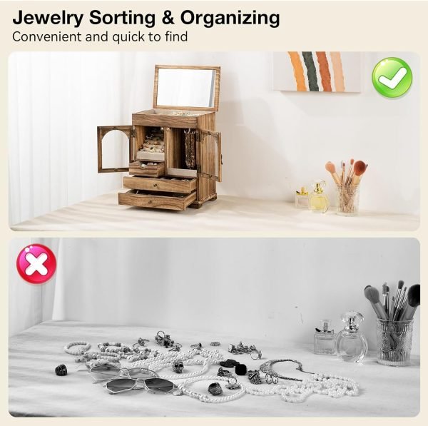 Decor Jewelry Box for Women, Rustic Wooden Jewelry Boxes & Organizers with Mirror, 4 Layer Girls Jewelry Storage for Rings Earrings Necklaces Bracelets Valentines Day Gifts for Her