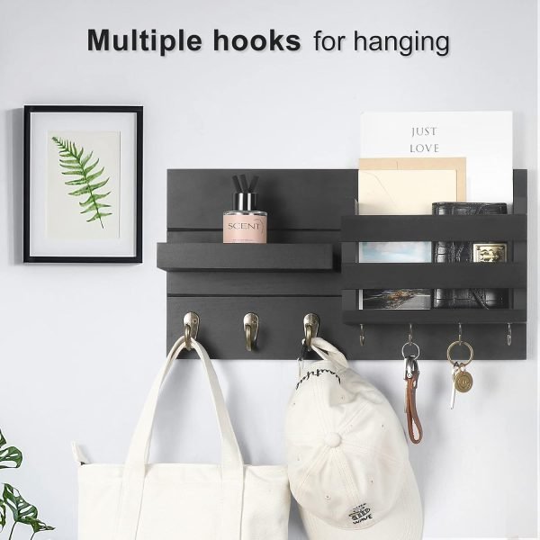 Decor Mail Organizer for Wall Mount ?C Key Holder with Shelf Includes Letter Holder and Hooks for Coats, Dog Leashes ?C Rustic Wood with Flush Mounting Hardware (16.5?? x 8.7?? x 3.5??)