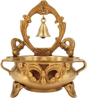 Decor A Beautiful Brass Designer Ethnic Carved Decorative Urli Bowl with Bell for Floating Flowers and Tea Light Candles Home,Office and Table D??cor