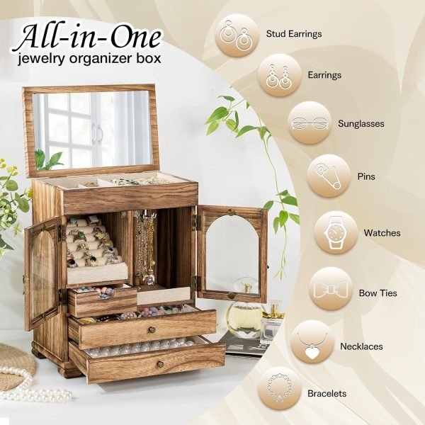 Decor Jewelry Box for Women, Rustic Wooden Jewelry Boxes & Organizers with Mirror, 4 Layer Girls Jewelry Storage for Rings Earrings Necklaces Bracelets Valentines Day Gifts for Her