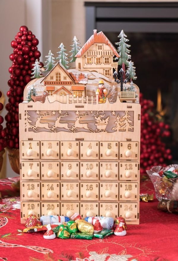 Decor Wooden Christmas Advent Calendar, Countdown to Christmas, LED Holiday Decoration, Battery Operated, Reindeer Village
