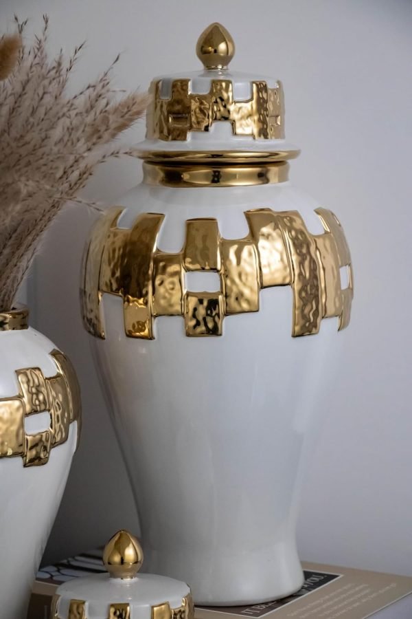 Decor Modern Ginger Jars, vases with lids, Storage Jars for Home Decor, Gilded Decorative Ginger Jars (White, Small)
