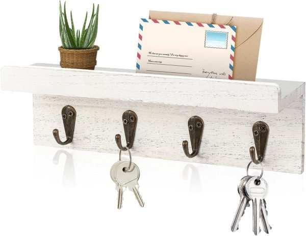 Decor Rustic Key Holder for Wall, Farmhouse Wall Shelf with 4 Hooks, Wall Mounted Key Racks, Wooden Mail Organizer with Hooks for Entryway (Brown)
