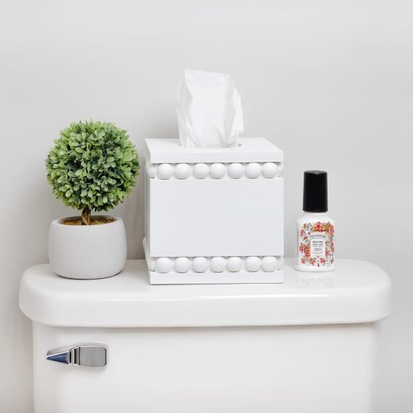 Decor Beaded Square Tissue Box Cover (White); Rustic Farmhouse Wood Tissue Holder