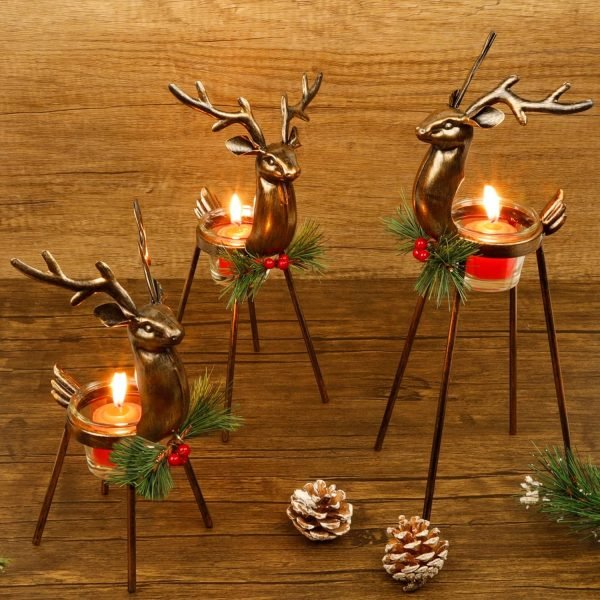 Decor Set of 3 Reindeer Tealight Candle Holders, Standing Iron Metal Christmas Decorations, Glass Votive Candle Holder, Durable and Rust-Proof Holiday Tabletop Centerpiece and Display
