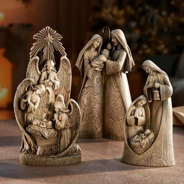 Decor Holy Family Statue Tabletop Figurine, Catholic Statues Decorations with Kneeling Virgin Mary, Joseph, and Baby Jesus, Religious Holiday Decor, 10 Inches