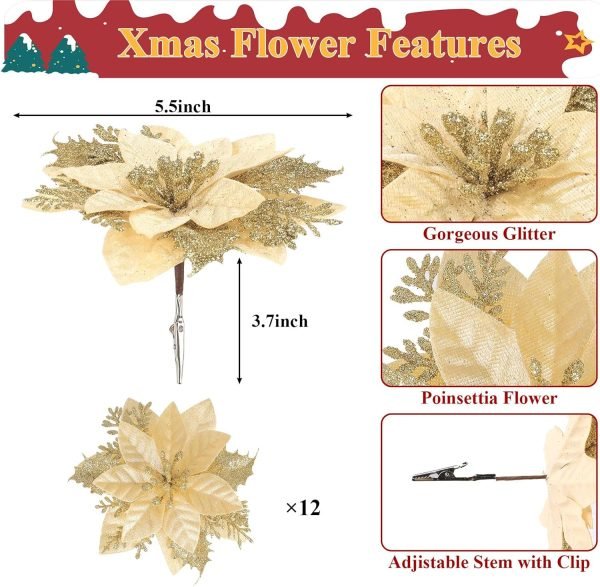 Decor 24Pcs Christmas Glitter Poinsettia Flowers, Artificial Christmas Flower with Clips Glitter Christmas Tree Ornaments for Wedding Party Holiday Wreath Table Decoration