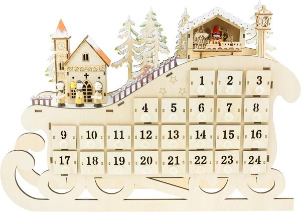 Decor Wooden Christmas Advent Calendar, Countdown to Christmas, LED Holiday Decoration, Battery Operated, Reindeer Village