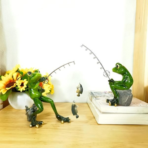 Decor Frog Figurines Decor Funny Cute Craft Resin Frog Sculpture Statue for Home Office Desk Tabletop Bathroom Decoration, Ornament Gift (Fishing Frog)