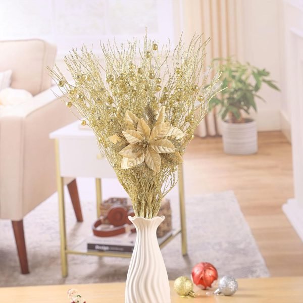 Decor 24Pcs Christmas Glitter Poinsettia Flowers, Artificial Christmas Flower with Clips Glitter Christmas Tree Ornaments for Wedding Party Holiday Wreath Table Decoration