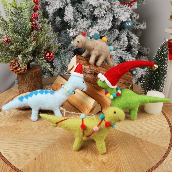 Decor Christmas Felt Dinosaurs Ornaments Set of 4, Xmas Wool Dinosaur Hanging Decor, Felt Animal Crafts Woodland Cute Christmas Tree Wreath Decor for Home Dinosaur Themed Birthday Party Supplies