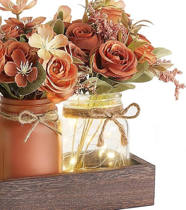 Decor Jar Lights Centerpiece Table Decorations for Dining Room Farmhouse Coffee Table Decor Tray with 3 Jars Flowers Christmas Centerpieces Decor for Kitchen Living Dining Room, Orange