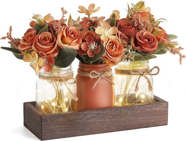 Decor Jar Lights Centerpiece Table Decorations for Dining Room Farmhouse Coffee Table Decor Tray with 3 Jars Flowers Christmas Centerpieces Decor for Kitchen Living Dining Room, Orange