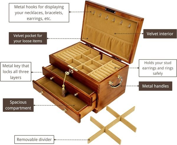 Decor Wooden Jewelry Box with Lock and Key for Women, 2 Drawers Medium Size Real Natural Wood Lockable Antique Girls Organizer Boxes with Large Storage, Ring Compartments, Built in Necklace Hooks