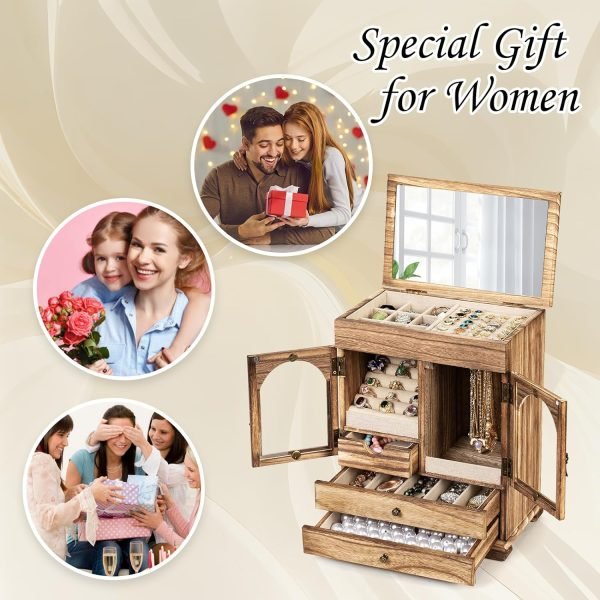 Decor Jewelry Box for Women, Rustic Wooden Jewelry Boxes & Organizers with Mirror, 4 Layer Girls Jewelry Storage for Rings Earrings Necklaces Bracelets Valentines Day Gifts for Her