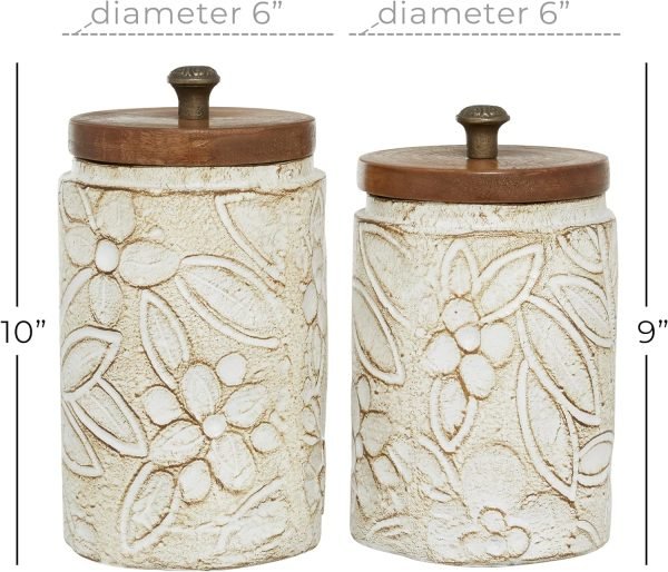 Decor 79 Ceramic Handmade Decorative Decorative Jars Intricately Carved Decorative Containers with Wood Lids, Set of 2 Decorative Keepsake Boxes 9", 10"H, White