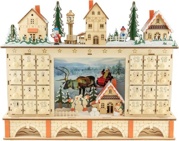 Decor Wooden Christmas Advent Calendar, Countdown to Christmas, LED Holiday Decoration, Battery Operated, Reindeer Village