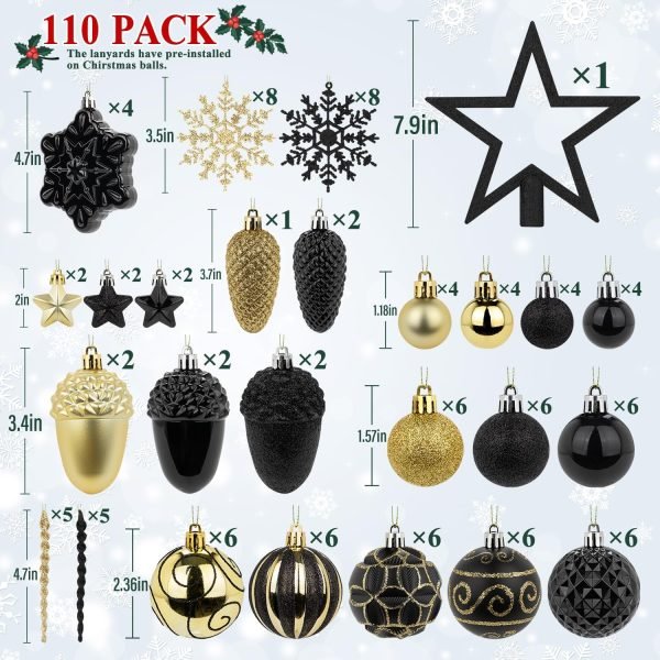 Decor 110 Pcs Black and Gold Christmas Ball Ornaments Set, Ornaments for Xmas Tree Decoration Bulk, Shatterproof Decorative Hanging Baubles for Party Holiday Wreath Garland Home D??cor