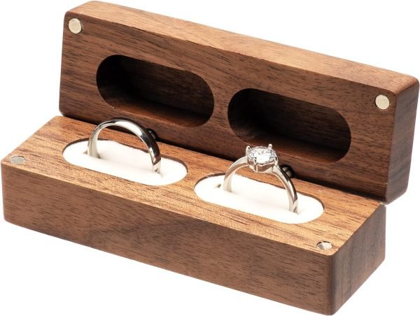 Decor Wooden Double Ring Box for Wedding Ceremony Engagement, Ring Storage Holder Decorative Box for 2 Rings