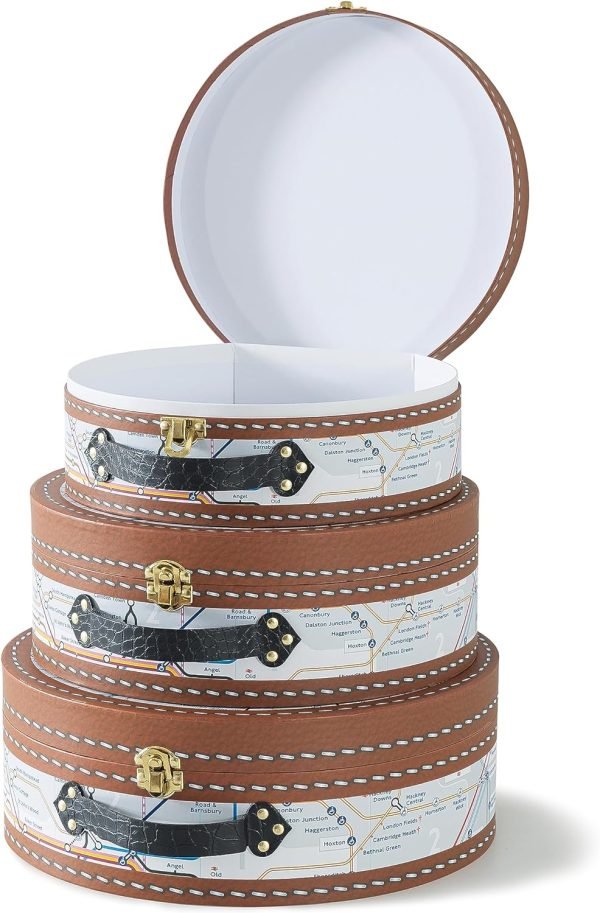 Decor Round-Edged Cardboard Decorative Storage Boxes with Lids: Set of 3 Metro Route Themed Gifts, Mini Vintage Suitcases, Transit Map Decorated Boxes, Scrapbook Storage Boxes, Prop Storage Boxes