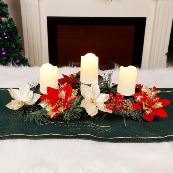 81DsRZVh27L._AC_SL1500 Decor Christmas Centerpiece, Christmas Candle Holders, Christmas Tabletop Poinsettia Centerpiece with 3 Flameless Candle, Romantic Holiday Candelabrum for Home Party Christmas Table Mantel Decorations