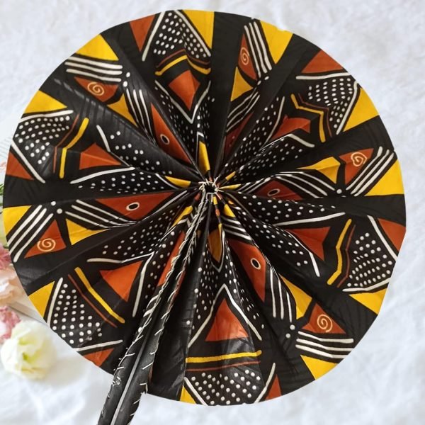 Decor Handmade African Fan-Round Folding Handheld Fan for Costume, Dance, Party, Festival, Summer, Home Decor - Traditional Ankara Fabric Fan with Colorful Ethnic Print, Leather Handle (Design 11)