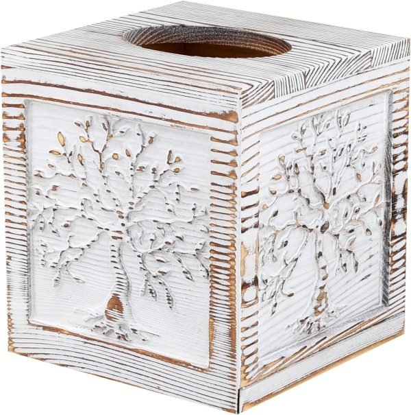 Decor Wood Carved Tissue Box Cover Square Tissue Holder Whitewashed Tree of Life Design Rustic Vintage Home Decor for Bathrooom Bedroom Living Room
