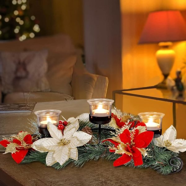 81IKnS5z1yL._AC_SL1500 Decor Christmas Centerpiece, Christmas Candle Holders, Christmas Tabletop Poinsettia Centerpiece with 3 Flameless Candle, Romantic Holiday Candelabrum for Home Party Christmas Table Mantel Decorations