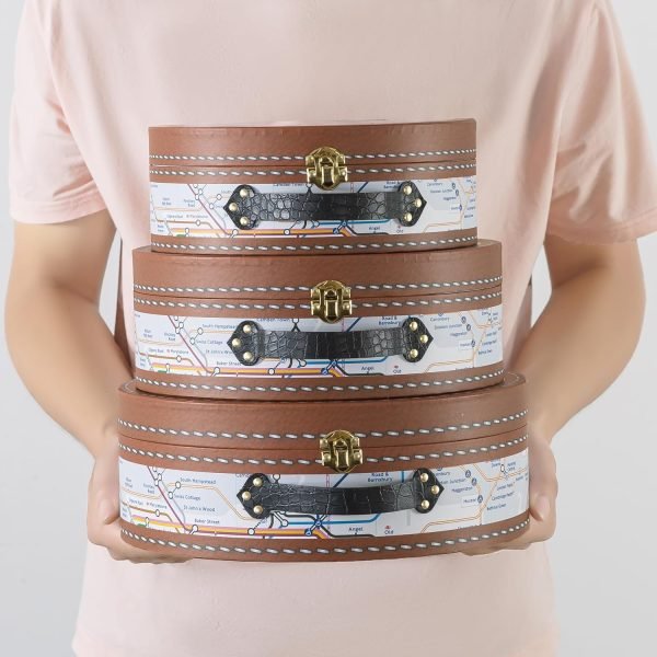Decor Round-Edged Cardboard Decorative Storage Boxes with Lids: Set of 3 Metro Route Themed Gifts, Mini Vintage Suitcases, Transit Map Decorated Boxes, Scrapbook Storage Boxes, Prop Storage Boxes